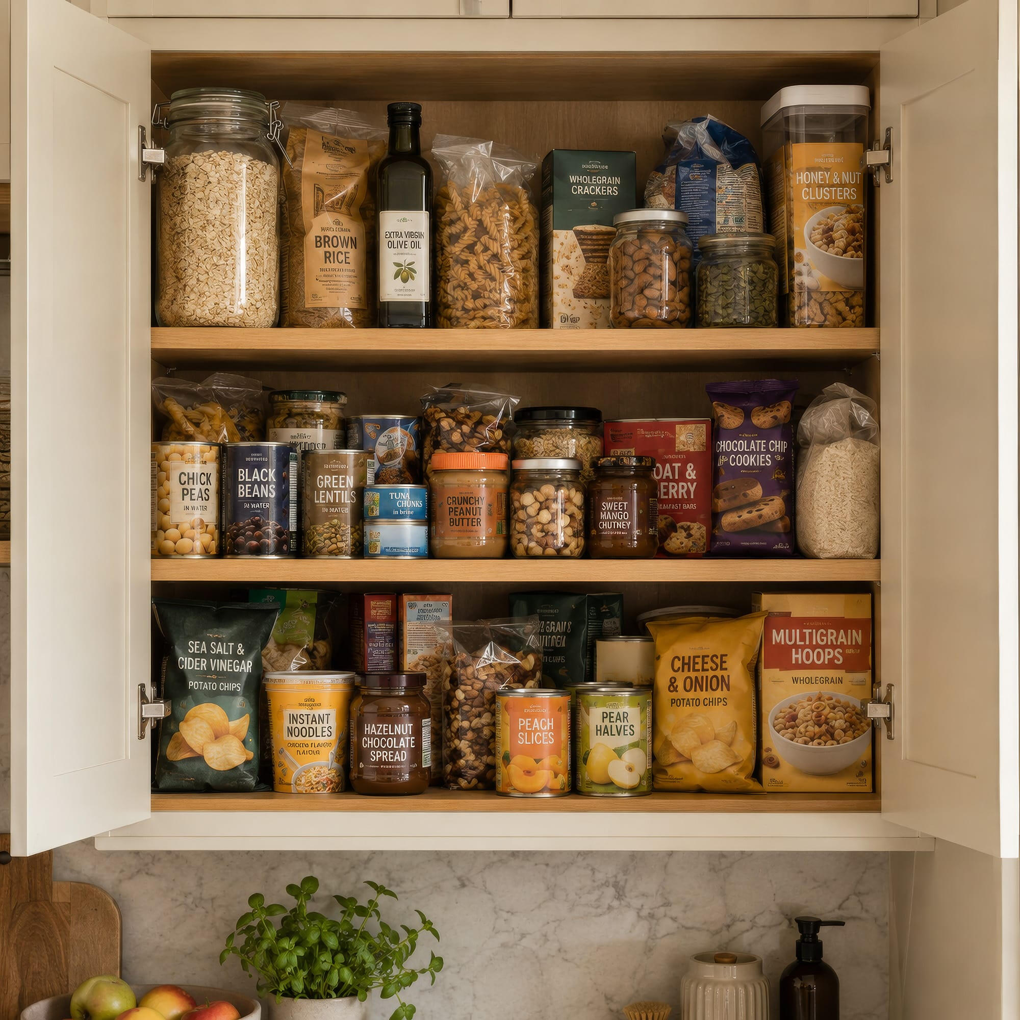 A packed kitchen cabinet A kitchen cabinet filled with food
