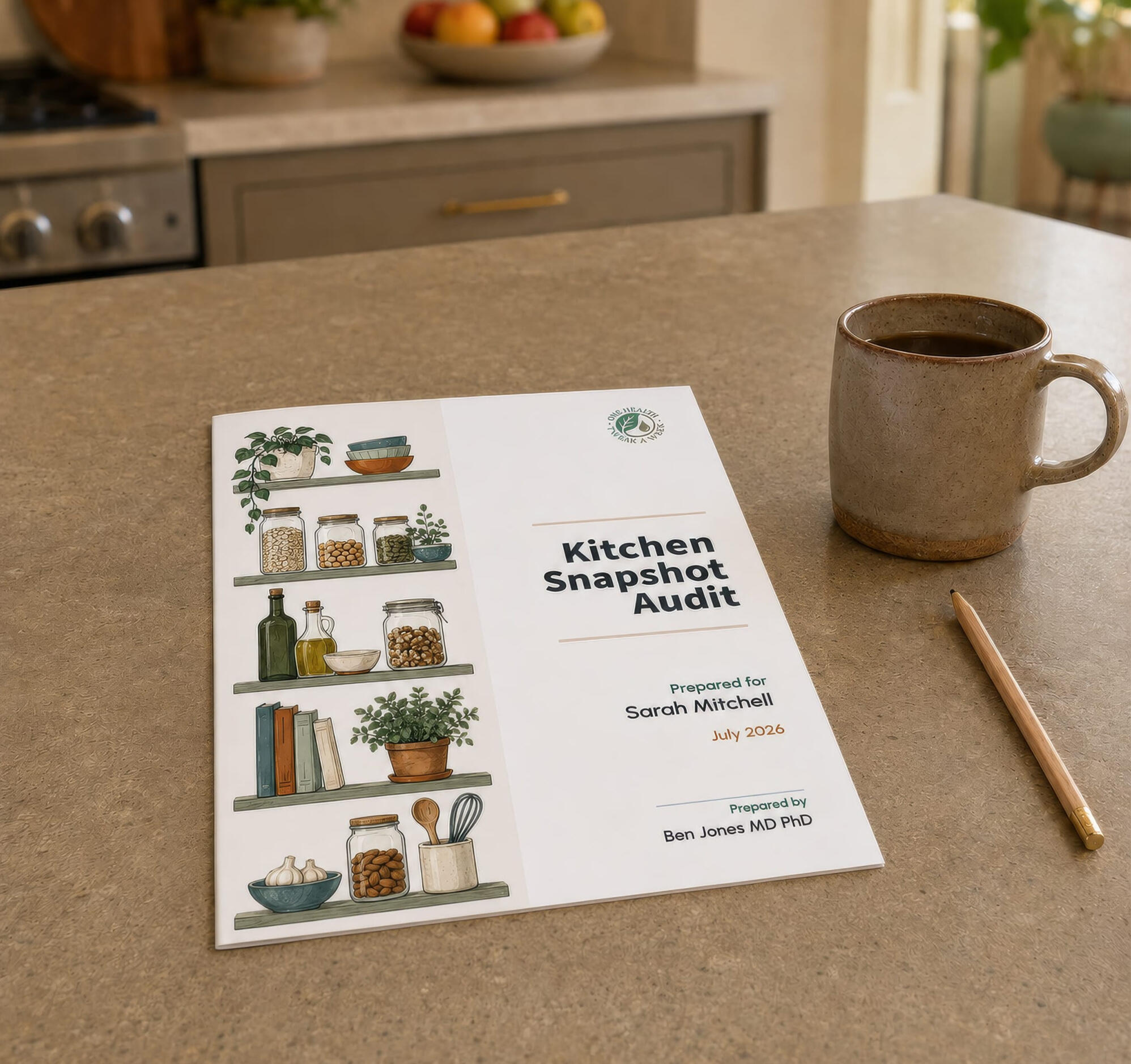 Kitchen Snapshot Audit report A Kitchen Snapshot Audit report sits on a kitchen counter next to a mug of coffee.